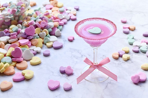 Valentine’s Day drink and heart shape candy