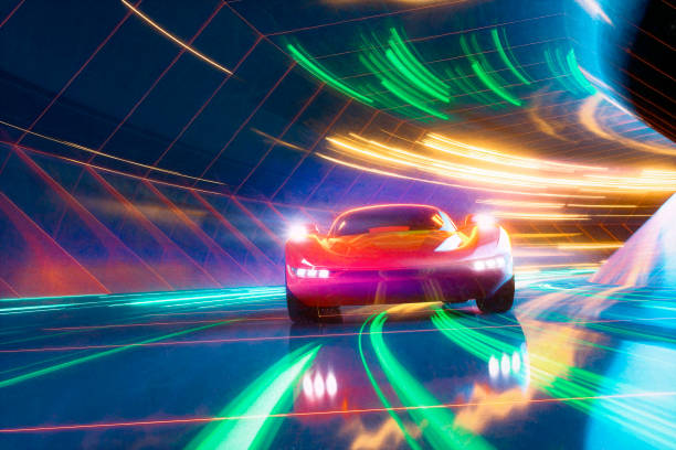 el exceso de velocidad de los coches deportivos genéricos en la carretera - futuristic car color image mode of transport fotografías e imágenes de stock