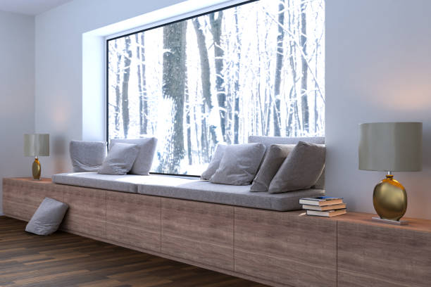istock A cozy bench at a large panoramic window with built-in storage space. On the outside a winter landscape with trees. 3d render 1299309264