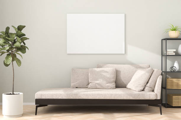 istock Chaiselongue style sofa in an apartment with a figue tree, a shelf and a mockup artists canvas on the wall. Sunlight flooding in and casting shadows. 3d render. 1299309287