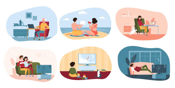 Family people spending time together and alone Happy family people spending time together and alone. Working on laptop, watching movies, liying on couch, sunbathing on beach. Set of flat cartoon vector illustrations isolated on white background kids watching tv stock illustrations
