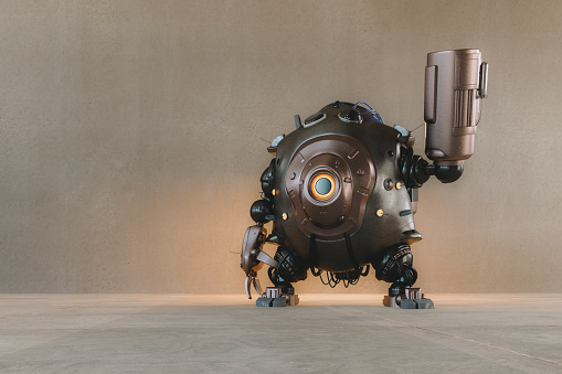Futuristic robot with gun, 3D generated image.