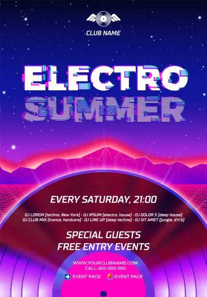 Vector illustration of 80s party poster with blue background and vinyl lp for Electro Sumer retro rave