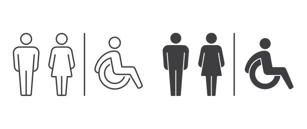 Vector toilet icons. Man, woman, handicap. Images line and black silhouette. Restroom, bathroom in a public area, navigation Vector toilet icons. Man, woman, handicap. Images line and black silhouette. Restroom, bathroom in a public area, navigation bathroom icons stock illustrations