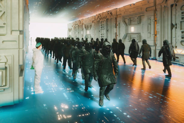 istock Futuristic  people in hazmat suits walking in corridor 1299311340