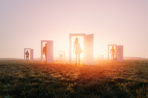 Mysterious meadow passage with group of people. This is entirely 3D generated image.