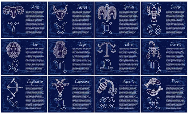Twelve Astrological Signs, Isolated Icon of Zodiac Twelve astrological signs. Icons of aquarius and gemini, virgo and scorpio, cancer and taurus, aries and libra, leo and pisces, capricort and sagittarius. Vector illustration of zodiacs in flat style maiden stock illustrations