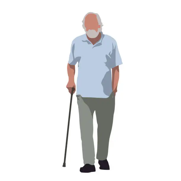 Vector illustration of Old man walks and relies on cane. Flat vector illustration