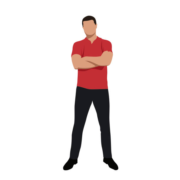 illustrations, cliparts, dessins animés et icônes de jeune homme restant dans le polo rouge avec les bras pliés, vue avant, silhouette vectorielle - t shirt shirt polo vector