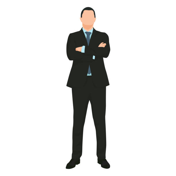 ilustrações de stock, clip art, desenhos animados e ícones de young handsome businessman standing with folded arms. dark suit, blue tie and shirt. front view. flat vector illustration - crossing human arm silhouette men