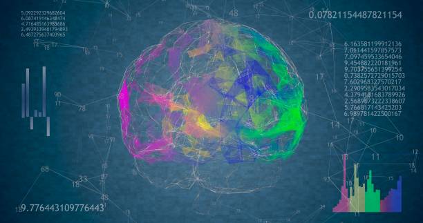 istock Rotating 360 low polygonal brain 3D model on blue background with animated numbers and diagrams 1299316283