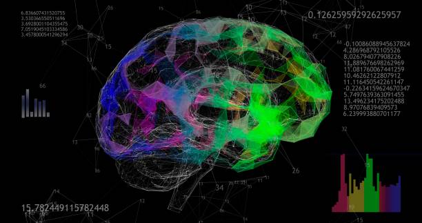 istock Rotating 360 low polygonal brain 3D model on black background with animated numbers and diagrams 1299316293