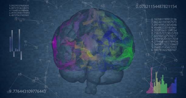 istock Rotating 360 low polygonal brain 3D model on blue background with animated numbers and diagrams 1299316298