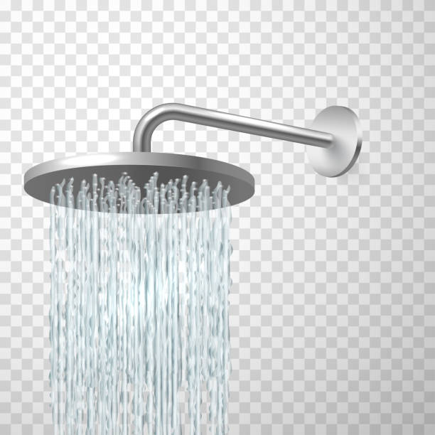Rain shower head attached to wall. Running jets, streams, water flows, in bathroom. Showerhead. Rain shower head attached to wall. Running jets, streams, water flows, falling drops in bathroom. Personal hygiene, plumbing concept. Showerhead. Vector illustration isolated on transparent. shower head stock illustrations