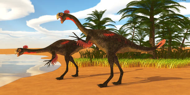 gigantoraptor dinosaur lakeshore - prehistoric antiquity stock-fotos und bilder