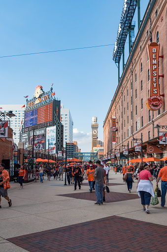 September 29, 2018 - Baltimore, USA - Eutaw Street outside the Baltimore Oriole's stadium with fans and vendors on a game day.