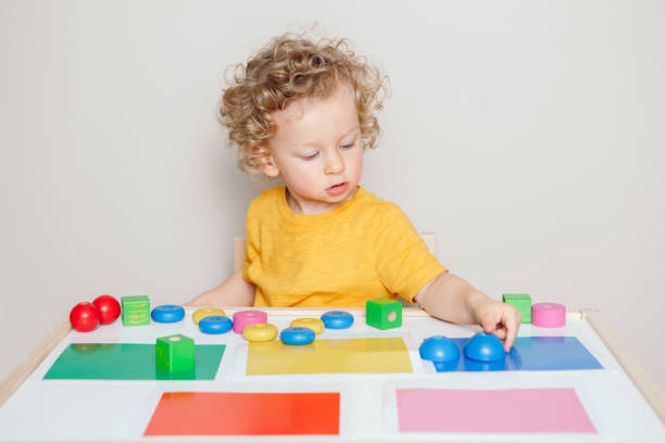 istock Toddler playing with learning toys at home or kindergarten. Baby sorting organising objects blocks with specific color. Early age education. Kids hand brain development activity for preschoolers. 1299323064