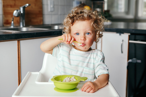 Cute adorable Caucasian curly kid boy sitting in high chair eating cereal puree with spoon. Healthy eating for kids children. Toddler eating independently. Candid real authentic moment.
