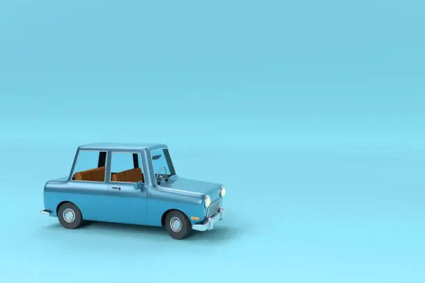 A 3D modeled vintage cartoon car on a blue background.