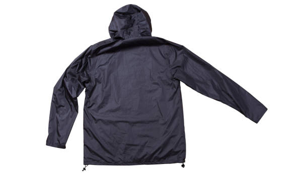 istock Back view of black rain jacket isolated top view, cotton clothes over white background, blue men's jacket 1299328597