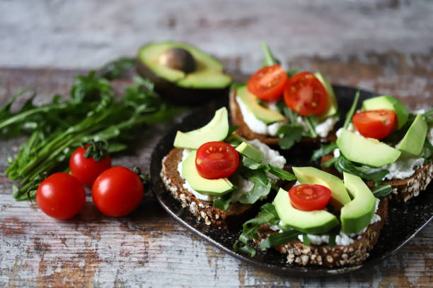 istock Healthy toasts with avocado and cherry tomatoes on a plate. 1299328599