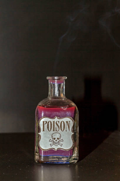 istock Transparent bottle with purple liquid simulating poison. 1299329886