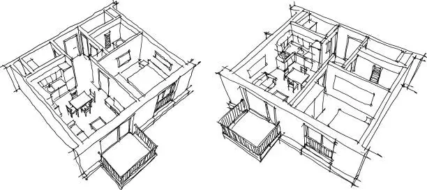Vector illustration of two hand drawn sketches of apartment