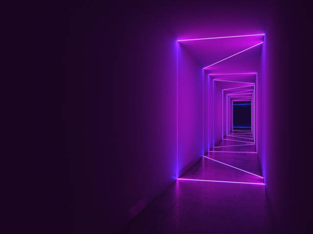 istock Empty dark tunnel view colorful neon lights, 3 d 1299333101