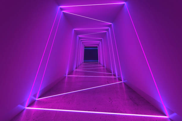 istock Empty tunnel perspective view purple neon lights 1299333108