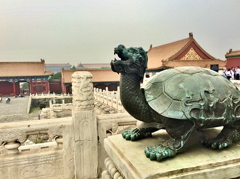 Building of Chinese buddhist temple in Mount Luojia, which lies in the Lotus Sea to the southeast of Putuo Mountain, Zhoushan, Zhejiang, the place where Bodhisattva Guanyin practiced Buddhism