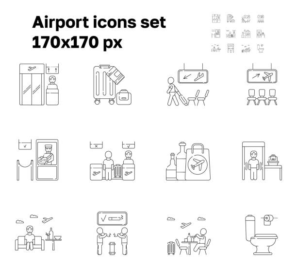 공항 아이콘 세트 벡터입니다. 탑승 게이트, 수하물 수령이 표시됩니다. 도착, 출발 지역. 세관, 보안 제어 작업. 리셉션 및 승객 체크인. - passenger ship illustrations stock illustrations