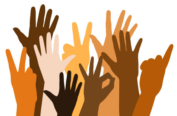 Shadows of Raised hands of different race skin color on white background Shadows of Raised hands of different race skin color on white background. Flat Vector illustration skin tones stock illustrations