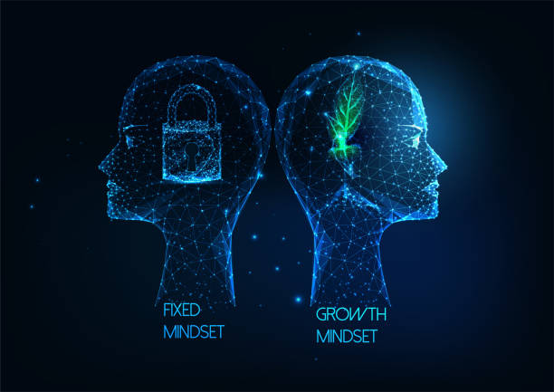 футуристический рост мышления vs фиксированная концепция мышления с низким поли человеческих голов с заводом и блокировкой - success business growth key stock illustrations