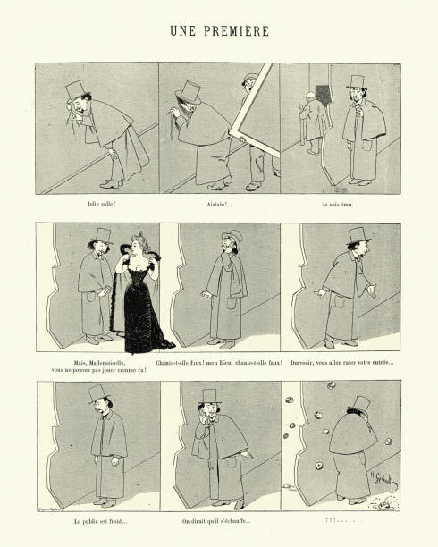 ilustrações, clipart, desenhos animados e ícones de une premiere, desenho animado francês vintage, século xix - 19th hole