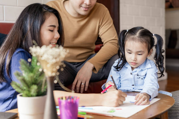 istock Asian parents teaching child how to draw at home 1299341651