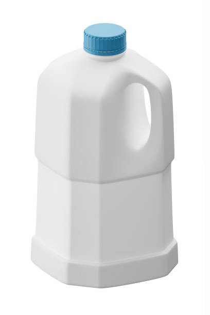 contenitore di plastica bianco vuoto con manico e cappuccio blu isolato su sfondo bianco. utilizzato per vari liquidi, latte, bevande, olio, acqua, detergenti. rendering 3d. - chemical bottle cap chores foto e immagini stock