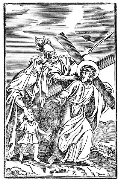 ilustraciones, imágenes clip art, dibujos animados e iconos de stock de vintage antiguo dibujo bíblico religioso o grabado de jesús y 8o u octava estación de la cruz o vía crucis. biblia, nuevo testamento - station of the cross