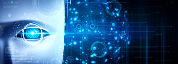 istock Robot humanoid face close up with graphic concept of big data analytic 1299347938