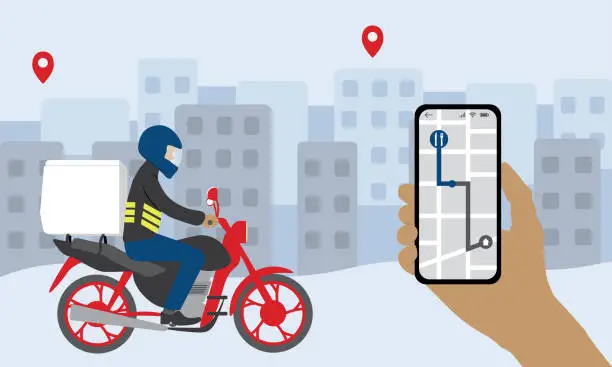 Vector illustration of Person's hand holds smartphone for tracking delivery motoboy. Delivery Man Riding A Motorcycle