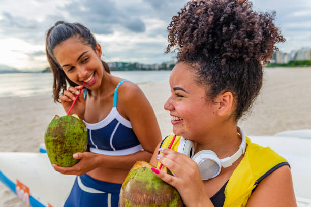 istock Female friends resting on the beach after training 1299353046