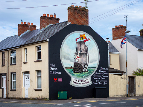 Derry, Northern Ireland, July, 2016. The wall paintings (mural) on Derry city residential buildings.