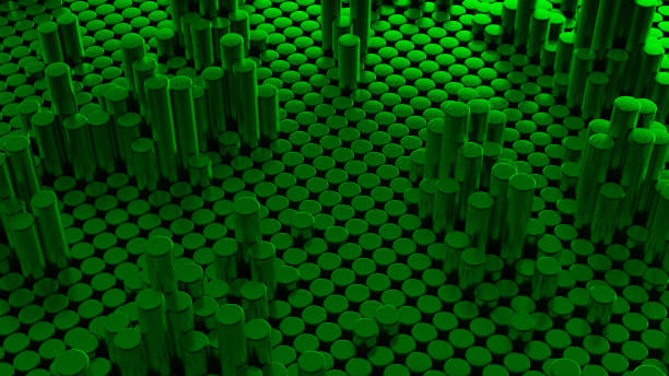istock Abstract green metallic chrome background with cylinders. Ceramic round tiles. Geometry pattern. Random cells. Polygonal glossy surface. Futuristic abstraction. 3d rendering illustration 1299359796