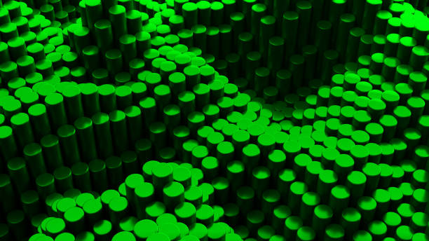 istock Abstract green metallic chrome background with cylinders. Ceramic round tiles. Geometry pattern. Random cells. Polygonal glossy surface. Futuristic abstraction. 3d rendering illustration 1299359939