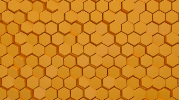 istock Abstract hexagonal background. A large number of orange hexagons. 3d wall texture, hexagonal blocks clusters. Cellular panel. 3d rendering geometric polygons 1299359943
