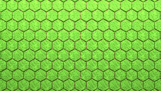 3D Abstract Hexagons. Video game geometric mosaic waves pattern. Construction of hills landscape using brown and green grass blocks