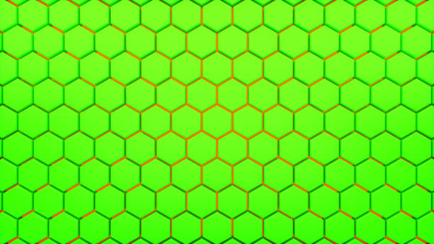 istock Abstract hexagonal background. A large number of green and orange hexagons. 3d wall texture, hexagonal blocks clusters. Cellular panel. 3d rendering geometric polygons 1299360033