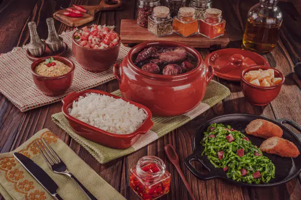 Brazilian feijoada with smoked pork ribs, loin and sausage