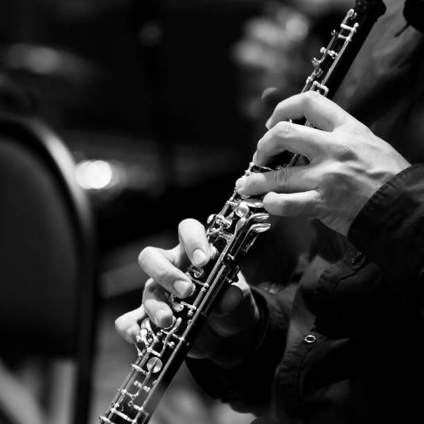 Hands of a musician playing the oboe Hands of a musician playing the oboe close-up in black and white classical music photos stock pictures, royalty-free photos & images
