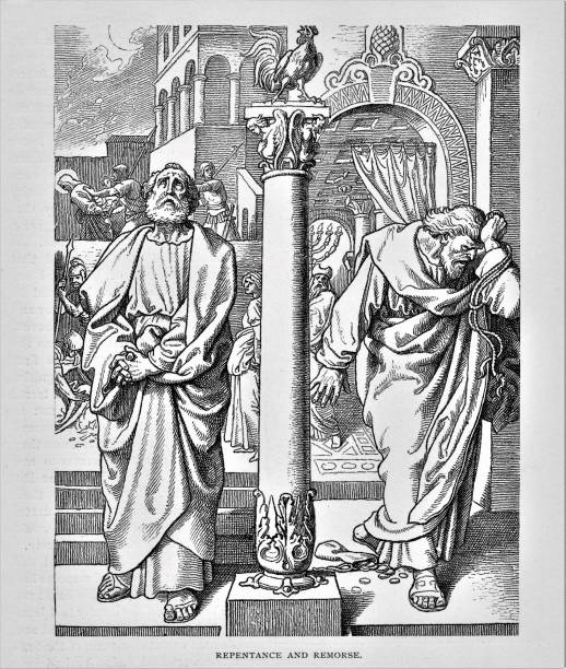 St. Peter Repents Jesus Christ in the background is being led away by Roman Centurions while two representations of Apostle Peter show him repenting and with remorse. Cock crowed in the top roost. Illustration published in The Life of Christ by Louise Seymour Houghton (American Tract Society: New York) in 1890. Copyright expired; artwork is in Public Domain. Digitally restored. peter the apostle stock illustrations