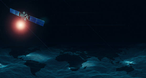 istock 3d illustration A world map on a mesh showing the connection of wireless networks. And communication satellites orbiting the sky, night on Earth and satellites in space 1299369027